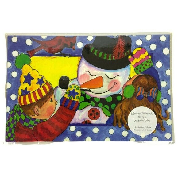 Laminated Paper Placemats Set Of 4 Snowman Child Art Mainstreet Collection - Picture 1 of 5